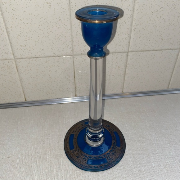 Vintage‎ Blue & Clear Glass Candlestick Bronze Color  Etching Accents